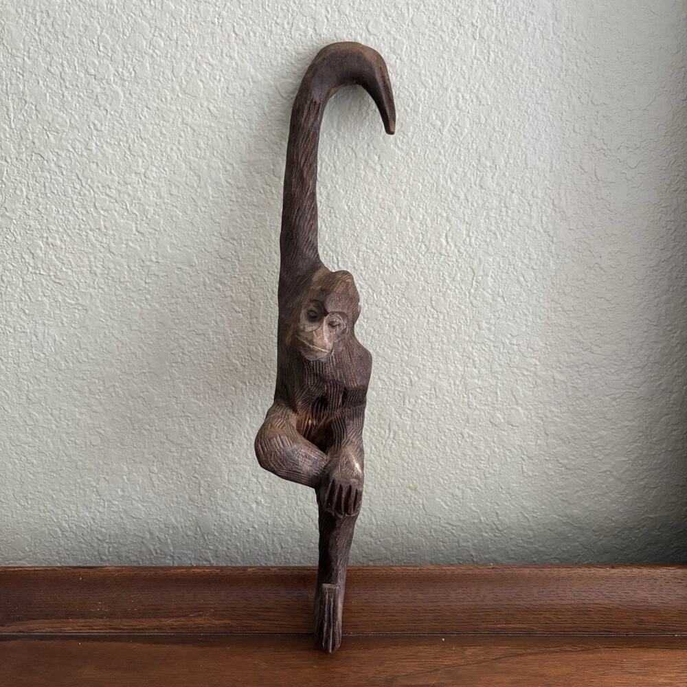Vintage Hand Carved Wood Hanging Monkey Hook Folk Art Figurine Hanger 14”
